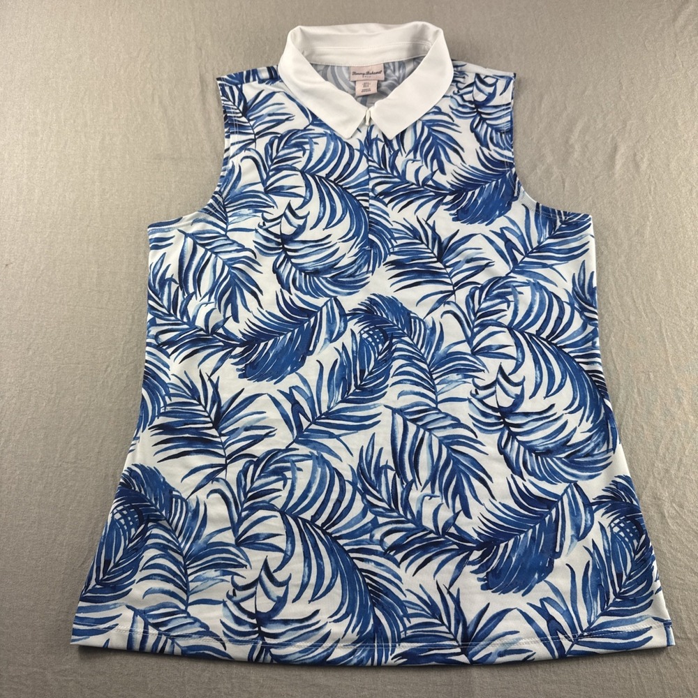Tommy Bahama Golf Polo Women L Sleeveless Blue White Floral 1/4 Zip Shirt Preppy